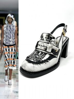 RARE Prada SS20 White Black Logo Brushed Leather Slingback Loafers Heels 39 9